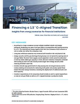 Financing a 1.5˚C-Aligned Transition brief cover showing vehicles parked under solar panels.