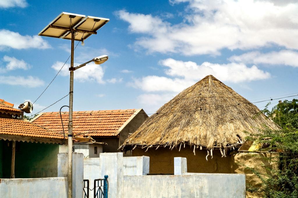 Solar panel above grass-roofed house in India.